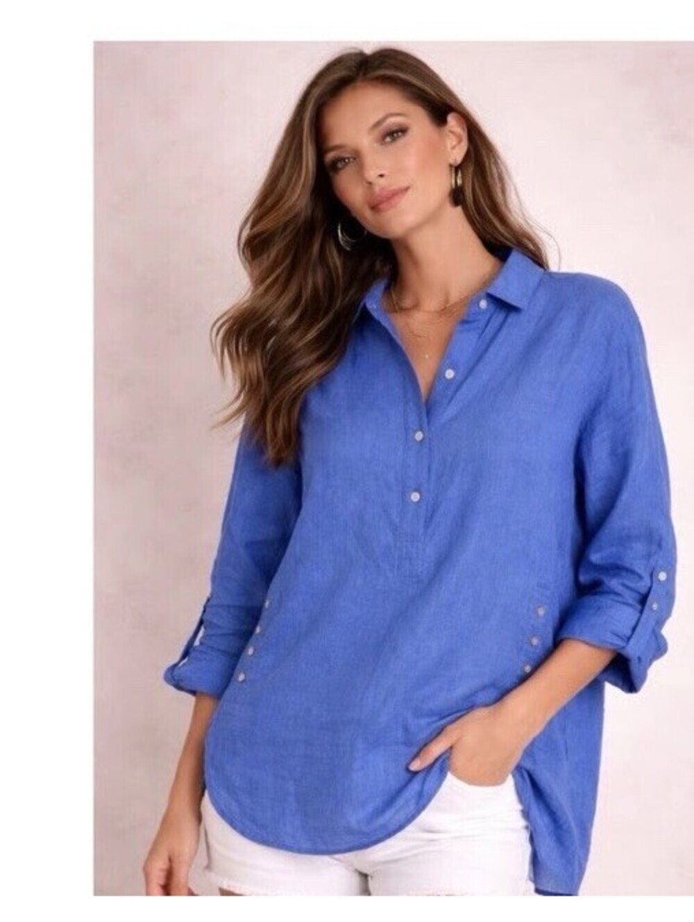 J. McLaughlin Fallon Popover Linen Blue Long Sleeve Button Down Size S $128